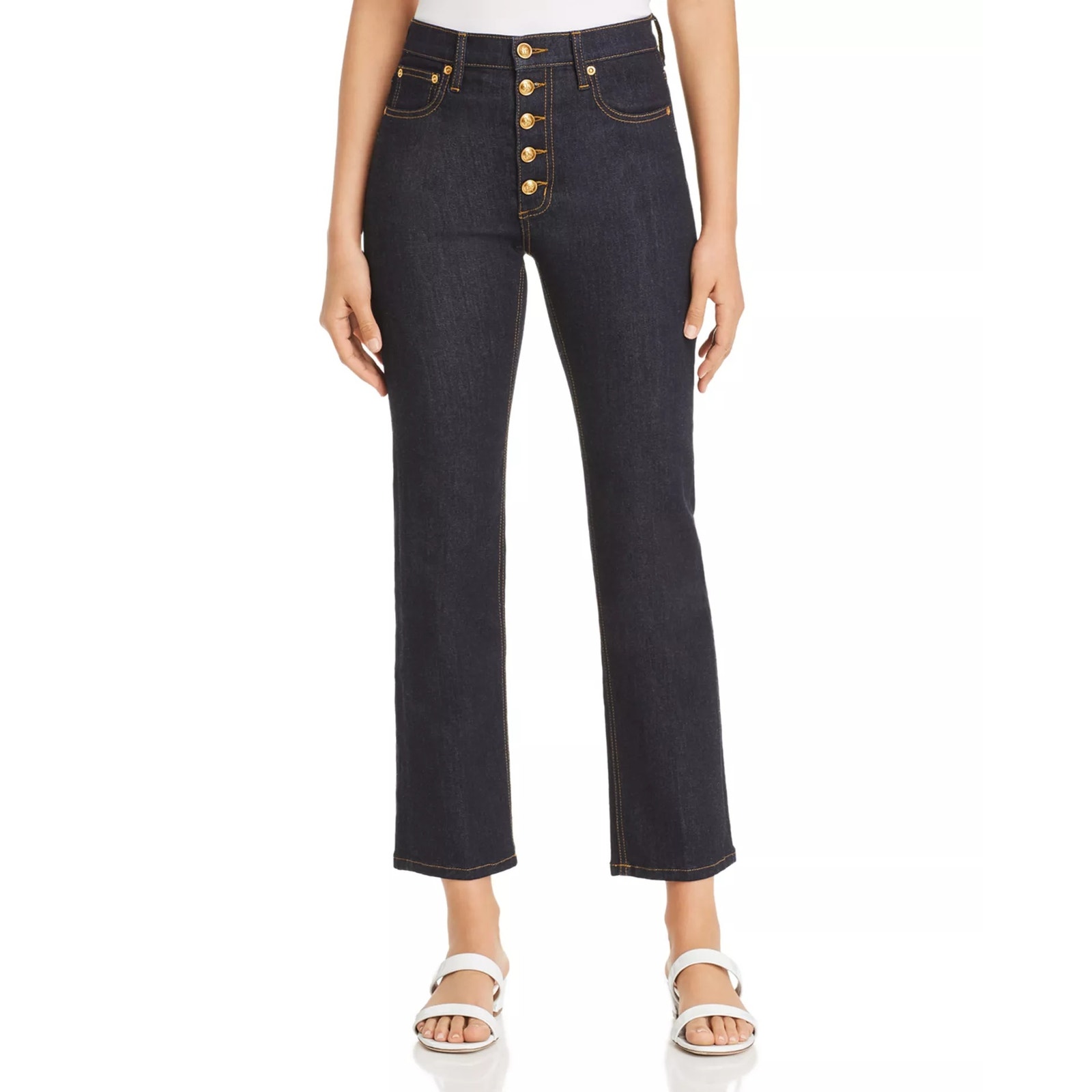 Tory Burch Button-Fly Straight-Leg Cropped Jeans In Dark Resin Rinse Size 30